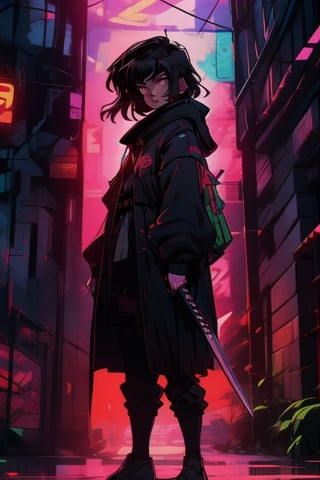 a woman in a black cloak with a sword standing on the street, in the style of cyberpunk manga, asian-inspired, sparth, depicts real life, youthful protagonists, pixelated realism, nightcore --stylize 750 --v 6,Detailedface