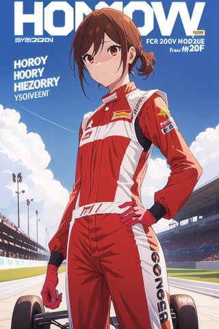 horimiya_hori,1girl,20 years old,brown eyes,magazine cover,modeling pose, standing,foreground,dominant,pov_eye_contact, driver racing suit, formula 1 car