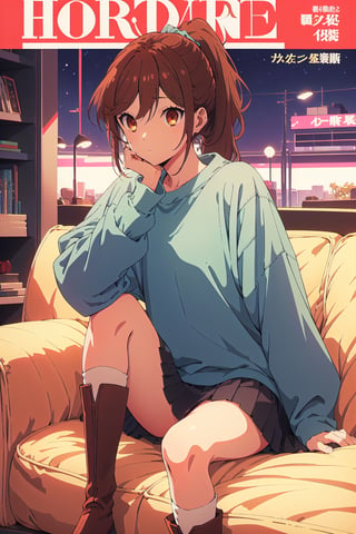 horimiya_hori,1girl ,brown eyes,
ponytail,magazine cover,modeling pose, foreground,oversized sweatshirt tucked under skirt,tight skirt,vintage boots,leg warmers,sitting,pov_eye_contact,sofa,
hand on face,puffed sleeves,Retro,mature