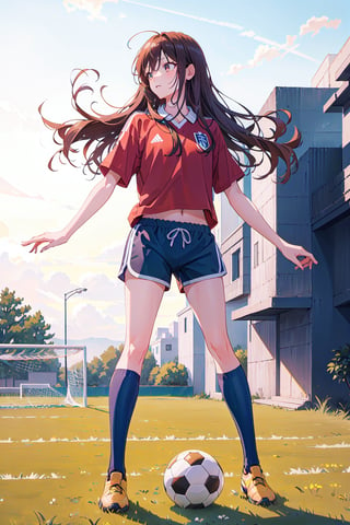 manga, 1girl, solo female, long hair, flat chest, sports clothing, playing soccer, soccer ball, jumoing, park, playing,wearing soccer_uniform,hori kyouko,,dolphin shorts, full_body, photoshoot, 25 years old, simple shadows, white_background