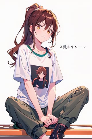 1girl,hori kyouko, brown_eyes, brown_hair, ponytail, baggy pants, t-shirt, sitting,  
defiant look at the viewer, photoshoot, serious, model, studio, inside, white canvas background, simple_background, relaxed pose