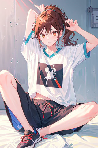 1girl,hori kyouko, brown_eyes, brown_hair, ponytail, baggy clothes,  t-shirt, sitting,  
defiant look at the viewer, photoshoot, serious, model, studio, inside, white canvas background, simple_background, relaxed pose, vogue,showing off his shirt, stretching his shirt,sport shorts, recording area