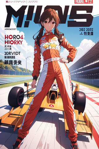 horimiya_hori,1girl,20 years old,brown eyes,magazine cover,modeling pose, standing,foreground,dominant,pov_eye_contact, driver racing suit, formula 1 car