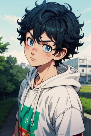 male ,takemichi_hanagaki,retroartstyle, hoodie ,green theme, blue eyes, grey eyes, cute boy
