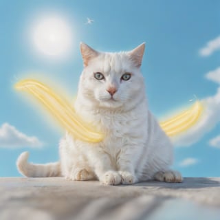 a white cat moving in a light blue sky protected by a woosh, very luminous, 8k, realistic