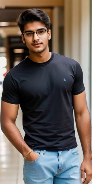 A 18 years young indian boy,wearing jeans pant and check shirt glasses, handsome the beard face with details, beautiful black eyes, black long hair, smile 0.1, model photoshot, high quality realistic photo. ,HANDSOME MAN,Portrait,tank top shirt,low-cut chest