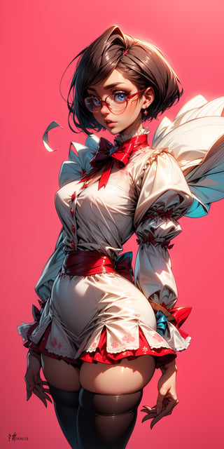 =(Best Quality, Masterpiece:1.2),Solo, Photorealistic,,(Big Eyes,beautiful detailed eyes, short hair, wearing glasses, megane symmetric eyes,),,, (Red White mini dress), Stocking,crushed velvet, skirt, bow, ribbon, jewel, Sheer long sleeves,Frills,Thigh,Pink BackGround, 