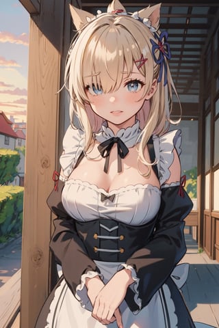 anime, hdr, soft light, ((best quality)), ((masterpiece)), (detailed),  Miura yumiko (oregairu), hair over one eye, x hair ornament, (akatsuki outfit:1.1), looking at viewer, upper body, village, sunset, nature, long hair, maid headdress, x hair ornament, hair ribbon, glowing horns, hair over one eye, large breasts, frills, neck ribbon, cleavage, dress, detached sleeves, white apron, wa ist apron, black pantyhose