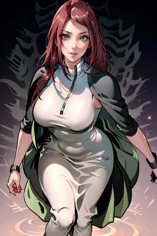 (masterpiece, best quality), intricate details, curvy_figure, beautiful girl, Kushina_NS, hairclip, white skin, light grey eyes, sharp jawline, cropped jacket, smirk,Kushina_NS, full body imagen, perfect face, mini Green drees.