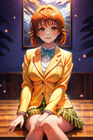 masterpiece, best quality, highres, aariko, short hair, brown eyes, school uniform, blue bowtie, blazer, yellow jacket, long sleeves, plaid skirt, green skirt, , field, wariza, sitting,aariko, (perfect hands, perfect anatomy), ( shiny oil skin:0.9), curved body, dynamic sexy pose, sexy body, (big breast:0.9), 9 head length body, (looking at viewer:1.5), cowboy_shot, from_below