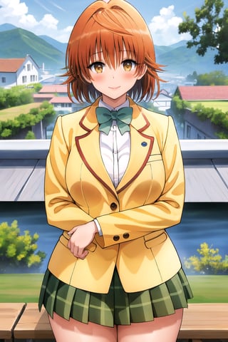 masterpiece, best quality, highres, aariko, short hair, brown eyes, school uniform, blue bowtie, blazer, yellow jacket, long sleeves, plaid skirt, green skirt, , field, wariza, sitting,aariko, (perfect hands, perfect anatomy), ( shiny oil skin:0.9), curved body, dynamic sexy pose, sexy body, (big breast:0.9), 9 head length body, (looking at viewer:1.5), cowboy_shot, from_below