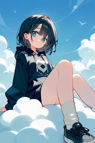 score_9_up,score_8_up, source_anime, 1girl, black hair, sitting on a cloud, hoodie down to waist. no pants on, kneesocks, long socks, cute shoes