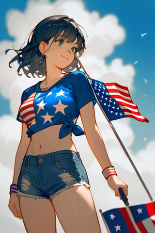 score_9_up,score_8_up, source_anime, 1girl, black hair, holding american flag, 4th of july, outfit themed american, aesthetically pleasing