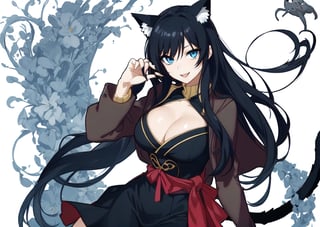 A beautiful woman with a sculpted body, solo, adult, blushing, smiling, thin waist, lips, cleavage, long black hair, blue eyes, cat ears, nekomato, gothic clothing, black meique, modern style, sexy, elegant, cleavage between the breasts, sassy, ´´Japanese scene``, . (masterpiece), 4k, best quality, expressive eyes, perfect face