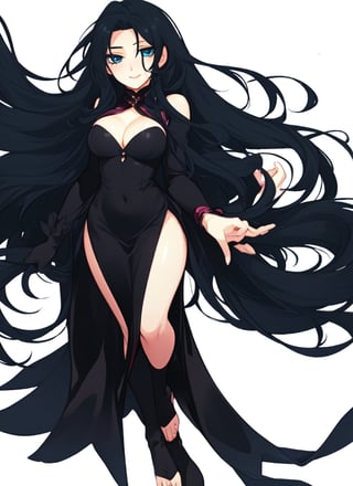 A beautiful woman with a sculpted body, solo, adult, blushing, smiling, thin waist, anatomically well-shaped hands, anatomically well-shaped feet, lips, sexy black dress, cleavage, long black hair, bluish colored eyes, black, modern style , sexy, cleavage between the breasts, cheeky, ´´moonlit night scene`` . (masterpiece), 4k, best quality, expressive eyes, perfect face