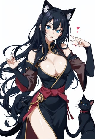 A beautiful woman with a sculpted body, solo, adult, blushing, smiling, thin waist, lips, cleavage, long black hair, blue eyes, cat ears, nekomato, gothic clothing, black meique, modern style, sexy, elegant, cleavage between the breasts, sassy, ´´Japanese scene``, . (masterpiece), 4k, best quality, expressive eyes, perfect face