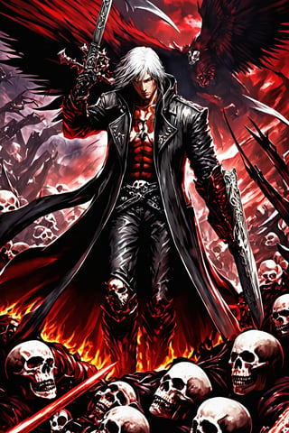 **Overview:** This image likely depicts Dante, the protagonist of the Devil May Cry series, in his iconic devil-hunting attire. As the leader of the Nephilim Order, Dante is known for his bravery and skill in battling demonic forces.

**Main Subject(s):** Dante himself, with a focus on his striking white hair, piercing red eyes, and fierce expression, as well as his trusty sword, Rebellion, held by his right hand. The image also features the massive Yamato sword slung over his back, a symbol of his power and determination. Additionally, Dante is depicted standing on top of a pile of skulls, emphasizing his connection to the underworld and his willingness to confront darkness. He wears a skull mask, which adds an air of mystery and intimidation to his character.

**Composition:** The composition likely focuses on Dante's figure, with the surrounding environment serving as a backdrop to highlight his character. The use of bold colors and dramatic lighting may add emphasis to Dante's intense gaze and powerful stance. The positioning of Yamato across his back creates a sense of depth and dimensionality in the image. The pile of skulls below Dante adds a sense of darkness and foreboding, underscoring the theme of battling demonic forces.

**Emotional Impact/Mood:** This image is likely to convey a sense of determination, courage, and intensity, reflecting Dante's unyielding spirit in the face of demonic threats. The presence of Yamato slung over his back may also suggest a sense of readiness for battle, as if Dante is prepared to take on any foe that comes his way. The image also hints at Dante's connection to the underworld and his willingness to confront darkness head-on.

**Technical Information (Assumptions):** Assuming this is a digital artwork or concept art, the artist may have used Adobe Photoshop or similar software to create the image. The color palette might include bold whites, fiery reds, dark grays, and possibly some dark blues or purples to emphasize the darkness of the skulls and the underworld. Texture effects could be used to enhance Dante's armor, both Rebellion and Yamato swords, and the pile of skulls.
,DonM3l3m3nt4lXL,LegendDarkFantasy