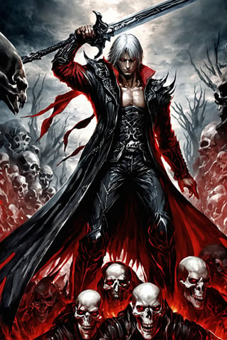 **Overview:** This image likely depicts Dante, the protagonist of the Devil May Cry series, in his iconic devil-hunting attire. As the leader of the Nephilim Order, Dante is known for his bravery and skill in battling demonic forces.

**Main Subject(s):** Dante himself, with a focus on his striking white hair, piercing red eyes, and fierce expression, as well as his trusty sword, Rebellion, held by his right hand. The image also features the massive Yamato sword slung over his back, a symbol of his power and determination. Additionally, Dante is depicted standing on top of a pile of skulls, emphasizing his connection to the underworld and his willingness to confront darkness. He wears a skull mask, which adds an air of mystery and intimidation to his character.

**Composition:** The composition likely focuses on Dante's figure, with the surrounding environment serving as a backdrop to highlight his character. The use of bold colors and dramatic lighting may add emphasis to Dante's intense gaze and powerful stance. The positioning of Yamato across his back creates a sense of depth and dimensionality in the image. The pile of skulls below Dante adds a sense of darkness and foreboding, underscoring the theme of battling demonic forces.

**Emotional Impact/Mood:** This image is likely to convey a sense of determination, courage, and intensity, reflecting Dante's unyielding spirit in the face of demonic threats. The presence of Yamato slung over his back may also suggest a sense of readiness for battle, as if Dante is prepared to take on any foe that comes his way. The image also hints at Dante's connection to the underworld and his willingness to confront darkness head-on.

**Technical Information (Assumptions):** Assuming this is a digital artwork or concept art, the artist may have used Adobe Photoshop or similar software to create the image. The color palette might include bold whites, fiery reds, dark grays, and possibly some dark blues or purples to emphasize the darkness of the skulls and the underworld. Texture effects could be used to enhance Dante's armor, both Rebellion and Yamato swords, and the pile of skulls.
,DonM3l3m3nt4lXL,LegendDarkFantasy