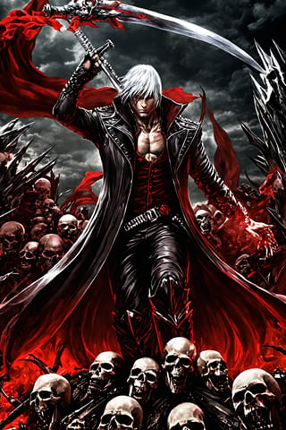 **Overview:** This image likely depicts Dante, the protagonist of the Devil May Cry series, in his iconic devil-hunting attire. As the leader of the Nephilim Order, Dante is known for his bravery and skill in battling demonic forces.

**Main Subject(s):** Dante himself, with a focus on his striking white hair, piercing red eyes, and fierce expression, as well as his trusty sword, Rebellion, held by his right hand. The image also features the massive Yamato sword slung over his back, a symbol of his power and determination. Additionally, Dante is depicted standing on top of a pile of skulls, emphasizing his connection to the underworld and his willingness to confront darkness. He wears a skull mask, which adds an air of mystery and intimidation to his character.

**Composition:** The composition likely focuses on Dante's figure, with the surrounding environment serving as a backdrop to highlight his character. The use of bold colors and dramatic lighting may add emphasis to Dante's intense gaze and powerful stance. The positioning of Yamato across his back creates a sense of depth and dimensionality in the image. The pile of skulls below Dante adds a sense of darkness and foreboding, underscoring the theme of battling demonic forces.

**Emotional Impact/Mood:** This image is likely to convey a sense of determination, courage, and intensity, reflecting Dante's unyielding spirit in the face of demonic threats. The presence of Yamato slung over his back may also suggest a sense of readiness for battle, as if Dante is prepared to take on any foe that comes his way. The image also hints at Dante's connection to the underworld and his willingness to confront darkness head-on.

**Technical Information (Assumptions):** Assuming this is a digital artwork or concept art, the artist may have used Adobe Photoshop or similar software to create the image. The color palette might include bold whites, fiery reds, dark grays, and possibly some dark blues or purples to emphasize the darkness of the skulls and the underworld. Texture effects could be used to enhance Dante's armor, both Rebellion and Yamato swords, and the pile of skulls.
,DonM3l3m3nt4lXL,LegendDarkFantasy