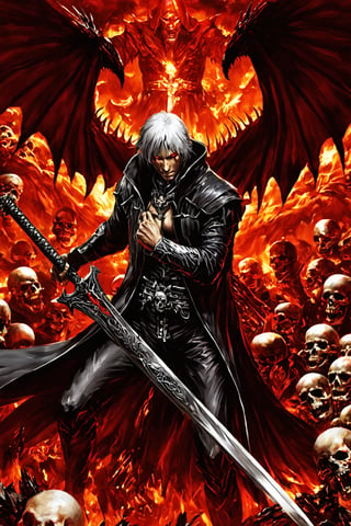 **Overview:** This image likely depicts Dante, the protagonist of the Devil May Cry series, in his iconic devil-hunting attire. As the leader of the Nephilim Order, Dante is known for his bravery and skill in battling demonic forces.

**Main Subject(s):** Dante himself, with a focus on his striking white hair, piercing red eyes, and fierce expression, as well as his trusty sword, Rebellion, held by his right hand. The image also features the massive Yamato sword slung over his back, a symbol of his power and determination. Additionally, Dante is depicted standing on top of a pile of skulls, emphasizing his connection to the underworld and his willingness to confront darkness. He wears a skull mask, which adds an air of mystery and intimidation to his character.

**Composition:** The composition likely focuses on Dante's figure, with the surrounding environment serving as a backdrop to highlight his character. The use of bold colors and dramatic lighting may add emphasis to Dante's intense gaze and powerful stance. The positioning of Yamato across his back creates a sense of depth and dimensionality in the image. The pile of skulls below Dante adds a sense of darkness and foreboding, underscoring the theme of battling demonic forces.

**Emotional Impact/Mood:** This image is likely to convey a sense of determination, courage, and intensity, reflecting Dante's unyielding spirit in the face of demonic threats. The presence of Yamato slung over his back may also suggest a sense of readiness for battle, as if Dante is prepared to take on any foe that comes his way. The image also hints at Dante's connection to the underworld and his willingness to confront darkness head-on.

**Technical Information (Assumptions):** Assuming this is a digital artwork or concept art, the artist may have used Adobe Photoshop or similar software to create the image. The color palette might include bold whites, fiery reds, dark grays, and possibly some dark blues or purples to emphasize the darkness of the skulls and the underworld. Texture effects could be used to enhance Dante's armor, both Rebellion and Yamato swords, and the pile of skulls.
,DonM3l3m3nt4lXL,LegendDarkFantasy