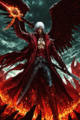 **Overview:** This image likely depicts Dante, the protagonist of the Devil May Cry series, in his iconic devil-hunting attire. As the leader of the Nephilim Order, Dante is known for his bravery and skill in battling demonic forces.

**Main Subject(s):** Dante himself, with a focus on his striking white hair, piercing red eyes, and fierce expression, as well as his trusty sword, Rebellion, held by his right hand. The image also features the massive Yamato sword slung over his back, a symbol of his power and determination. Additionally, Dante is depicted standing on top of a pile of skulls, emphasizing his connection to the underworld and his willingness to confront darkness. He wears a skull mask, which adds an air of mystery and intimidation to his character.

**Composition:** The composition likely focuses on Dante's figure, with the surrounding environment serving as a backdrop to highlight his character. The use of bold colors and dramatic lighting may add emphasis to Dante's intense gaze and powerful stance. The positioning of Yamato across his back creates a sense of depth and dimensionality in the image. The pile of skulls below Dante adds a sense of darkness and foreboding, underscoring the theme of battling demonic forces.

**Emotional Impact/Mood:** This image is likely to convey a sense of determination, courage, and intensity, reflecting Dante's unyielding spirit in the face of demonic threats. The presence of Yamato slung over his back may also suggest a sense of readiness for battle, as if Dante is prepared to take on any foe that comes his way. The image also hints at Dante's connection to the underworld and his willingness to confront darkness head-on.

**Technical Information (Assumptions):** Assuming this is a digital artwork or concept art, the artist may have used Adobe Photoshop or similar software to create the image. The color palette might include bold whites, fiery reds, dark grays, and possibly some dark blues or purples to emphasize the darkness of the skulls and the underworld. Texture effects could be used to enhance Dante's armor, both Rebellion and Yamato swords, and the pile of skulls.
,DonM3l3m3nt4lXL,LegendDarkFantasy