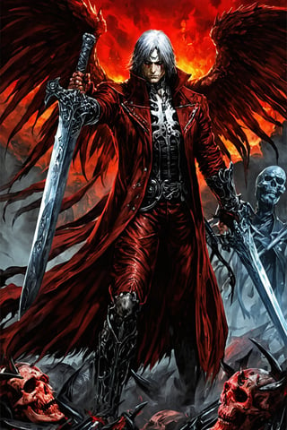 **Overview:** This image likely depicts Dante, the protagonist of the Devil May Cry series, in his iconic devil-hunting attire. As the leader of the Nephilim Order, Dante is known for his bravery and skill in battling demonic forces.

**Main Subject(s):** Dante himself, with a focus on his striking white hair and expressionless face. He wears a skull mask, which adds an air of mystery to his character. His eyes are normal, without their usual fiery intensity, but his overall demeanor conveys a sense of disdain for the world around him.

**Composition:** The composition likely focuses on Dante's figure, with the surrounding environment serving as a backdrop to highlight his character. The use of bold colors and dramatic lighting may add emphasis to Dante's striking appearance and powerful stance. The positioning of Yamato across his back creates a sense of depth and dimensionality in the image.

**Emotional Impact/Mood:** This image is likely to convey a sense of detachment, as if Dante has seen it all before and doesn't bother to care about the petty concerns of the world. His expressionless face suggests a level of emotional numbness, perhaps a result of his experiences battling demonic forces. The overall mood is dark and foreboding, hinting at the apocalyptic consequences that await should the forces of darkness continue unchecked.

**Handheld Skull Greatsword:** Dante's left hand holds a massive skull greatsword, its blade inscribed with mysterious text that glows with a fiery red light. This sword may serve as a symbol of Dante's power and determination to vanquish the forces of evil.

**Technical Information (Assumptions):** Assuming this is a digital artwork or concept art, the artist may have used Adobe Photoshop or similar software to create the image. The color palette might include bold whites, dark grays, and possibly some dark blues or purples to emphasize the darkness of the skulls and the underworld. Texture effects could be used to enhance Dante's armor, both Rebellion and Yamato swords, and the pile of skulls.
