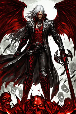 **Overview:** This image likely depicts Dante, the protagonist of the Devil May Cry series, in his iconic devil-hunting attire. As the leader of the Nephilim Order, Dante is known for his bravery and skill in battling demonic forces.

**Main Subject(s):** Dante himself, with a focus on his striking white hair, piercing red eyes, and fierce expression, as well as his trusty sword, Rebellion, held by his right hand. The image also features the massive Yamato sword slung over his back, a symbol of his power and determination. Additionally, Dante is depicted standing on top of a pile of skulls, emphasizing his connection to the underworld and his willingness to confront darkness. He wears a skull mask, which adds an air of mystery and intimidation to his character.

**Composition:** The composition likely focuses on Dante's figure, with the surrounding environment serving as a backdrop to highlight his character. The use of bold colors and dramatic lighting may add emphasis to Dante's intense gaze and powerful stance. The positioning of Yamato across his back creates a sense of depth and dimensionality in the image. The pile of skulls below Dante adds a sense of darkness and foreboding, underscoring the theme of battling demonic forces.

**Emotional Impact/Mood:** This image is likely to convey a sense of determination, courage, and intensity, reflecting Dante's unyielding spirit in the face of demonic threats. The presence of Yamato slung over his back may also suggest a sense of readiness for battle, as if Dante is prepared to take on any foe that comes his way. The image also hints at Dante's connection to the underworld and his willingness to confront darkness head-on.

**Technical Information (Assumptions):** Assuming this is a digital artwork or concept art, the artist may have used Adobe Photoshop or similar software to create the image. The color palette might include bold whites, fiery reds, dark grays, and possibly some dark blues or purples to emphasize the darkness of the skulls and the underworld. Texture effects could be used to enhance Dante's armor, both Rebellion and Yamato swords, and the pile of skulls.
,DonM3l3m3nt4lXL,LegendDarkFantasy