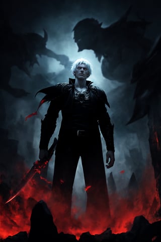 **Working Title:** "Dante: The Devil Hunter"

**Overview:** This image likely depicts Dante, the protagonist of the Devil May Cry series, in his iconic devil-hunting attire. As the leader of the Nephilim Order, Dante is known for his bravery and skill in battling demonic forces.

**Main Subject(s):** Dante himself, with a focus on his striking white hair, piercing red eyes, and fierce expression, as well as his trusty sword, Rebellion, held by his right hand. The image also features the massive Yamato sword slung over his back, a symbol of his power and determination. Additionally, Dante is depicted standing on top of a pile of skulls, emphasizing his connection to the underworld and his willingness to confront darkness.

**Background:** In the background, there are faint silhouettes of other characters, possibly fellow hunters or demons, adding depth and context to the scene. This could suggest that Dante is part of a larger group or community, and that this image represents a moment in time where he is standing tall against the forces of darkness.

**Composition:** The composition likely focuses on Dante's figure, with the surrounding environment serving as a backdrop to highlight his character. The use of bold colors and dramatic lighting may add emphasis to Dante's intense gaze and powerful stance. The positioning of Yamato across his back creates a sense of depth and dimensionality in the image. The pile of skulls below Dante adds a sense of darkness and foreboding, underscoring the theme of battling demonic forces.

**Emotional Impact/Mood:** This image is likely to convey a sense of determination, courage, and intensity, reflecting Dante's unyielding spirit in the face of demonic threats. The presence of Yamato slung over his back may also suggest a sense of readiness for battle, as if Dante is prepared to take on any foe that comes his way. The image also hints at Dante's connection to the underworld and his willingness to confront darkness head-on.