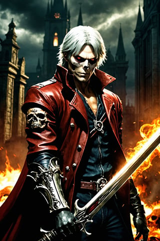 **Overview:** This image likely depicts Dante, the protagonist of the Devil May Cry series, in his younger years. As the leader of the Nephilim Order, Dante is known for his bravery and skill in battling demonic forces.

**Main Subject(s):** A slightly younger Dante, with a focus on his striking white hair and expressionless face. He wears a skull mask, which adds an air of mystery to his character. His eyes are normal, without their usual fiery intensity, but his overall demeanor conveys a sense of disdain for the world around him.

**Composition:** The composition likely focuses on Dante's figure, with the surrounding environment serving as a backdrop to highlight his character. The use of bold colors and dramatic lighting may add emphasis to Dante's striking appearance and powerful stance. The positioning of Yamato across his back creates a sense of depth and dimensionality in the image.

**Emotional Impact/Mood:** This image is likely to convey a sense of detachment, as if Dante has seen it all before and doesn't bother to care about the petty concerns of the world. His expressionless face suggests a level of emotional numbness, perhaps a result of his experiences battling demonic forces. The overall mood is dark and foreboding, hinting at the apocalyptic consequences that await should the forces of darkness continue unchecked.

**Handheld Skull Greatsword:** Dante's left hand holds a massive skull greatsword, its blade inscribed with mysterious text that glows with a fiery red light. This sword may serve as a symbol of Dante's power and determination to vanquish the forces of evil.

**Technical Information (Assumptions):** Assuming this is a digital artwork or concept art, the artist may have used Adobe Photoshop or similar software to create the image. The color palette might include bold whites, dark grays, and possibly some dark blues or purples to emphasize the darkness of the skulls and the underworld. Texture effects could be used to enhance Dante's armor, both Rebellion and Yamato swords, and the pile of skulls.