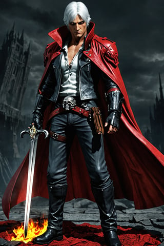 **Overview:** This image likely depicts Dante, the protagonist of the Devil May Cry series, in his younger years. As the leader of the Nephilim Order, Dante is known for his bravery and skill in battling demonic forces.

**Main Subject(s):** A slightly younger Dante, with a focus on his striking white hair and expressionless face. He wears a skull mask, which adds an air of mystery to his character. His eyes are normal, without their usual fiery intensity, but his overall demeanor conveys a sense of disdain for the world around him.

**Composition:** The composition likely focuses on Dante's figure, with the surrounding environment serving as a backdrop to highlight his character. The use of bold colors and dramatic lighting may add emphasis to Dante's striking appearance and powerful stance. The positioning of Yamato across his back creates a sense of depth and dimensionality in the image.

**Emotional Impact/Mood:** This image is likely to convey a sense of detachment, as if Dante has seen it all before and doesn't bother to care about the petty concerns of the world. His expressionless face suggests a level of emotional numbness, perhaps a result of his experiences battling demonic forces. The overall mood is dark and foreboding, hinting at the apocalyptic consequences that await should the forces of darkness continue unchecked.

**Handheld Skull Greatsword:** Dante's left hand holds a massive skull greatsword, its blade inscribed with mysterious text that glows with a fiery red light. This sword may serve as a symbol of Dante's power and determination to vanquish the forces of evil.

**Technical Information (Assumptions):** Assuming this is a digital artwork or concept art, the artist may have used Adobe Photoshop or similar software to create the image. The color palette might include bold whites, dark grays, and possibly some dark blues or purples to emphasize the darkness of the skulls and the underworld. Texture effects could be used to enhance Dante's armor, both Rebellion and Yamato swords, and the pile of skulls.