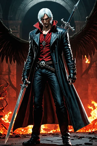 **Overview:** This image likely depicts Dante, the protagonist of the Devil May Cry series, in his younger years. As the leader of the Nephilim Order, Dante is known for his bravery and skill in battling demonic forces.

**Main Subject(s):** A slightly younger Dante, with a focus on his striking white hair and expressionless face. He wears a skull mask, which adds an air of mystery to his character. His eyes are normal, without their usual fiery intensity, but his overall demeanor conveys a sense of disdain for the world around him.

**Composition:** The composition likely focuses on Dante's figure, with the surrounding environment serving as a backdrop to highlight his character. The use of bold colors and dramatic lighting may add emphasis to Dante's striking appearance and powerful stance. The positioning of Yamato across his back creates a sense of depth and dimensionality in the image.

**Emotional Impact/Mood:** This image is likely to convey a sense of detachment, as if Dante has seen it all before and doesn't bother to care about the petty concerns of the world. His expressionless face suggests a level of emotional numbness, perhaps a result of his experiences battling demonic forces. The overall mood is dark and foreboding, hinting at the apocalyptic consequences that await should the forces of darkness continue unchecked.

**Handheld Skull Greatsword:** Dante's left hand holds a massive skull greatsword, its blade inscribed with mysterious text that glows with a fiery red light. This sword may serve as a symbol of Dante's power and determination to vanquish the forces of evil.

**Technical Information (Assumptions):** Assuming this is a digital artwork or concept art, the artist may have used Adobe Photoshop or similar software to create the image. The color palette might include bold whites, dark grays, and possibly some dark blues or purples to emphasize the darkness of the skulls and the underworld. Texture effects could be used to enhance Dante's armor, both Rebellion and Yamato swords, and the pile of skulls.