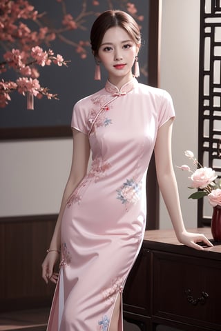 (masterpiece), realistic, far to shot full body to feet image 80s chinese female, high quality, 8K Ultra HD, photorealistic has a fully detailed mature face, Realistically not Ai, 36D big chinese female, natural, pretty and charming, detailed face, huge breasts, ((is a beautifull girl wearing a sexy pink qipao, stand on traditional chinese room)), little_cute_girl, Miss Grand International, mature female, Realism, (smile face), (short cut brown hair), Liu Shishi, small earrings, small necklace, ((smile:1.2)), (red lips), long legs, slim legs, (good quality eye spacing), sex posing, Buns and bangs, digital painting, fantasy, hidden forest, centered big tree, [glowing crystals], flowers, petal, (night time), qipao,Realism,long skirt,QIPAO,Tzuyu