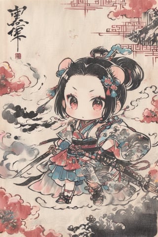 rat, 1girl, weapon,, ink, Chinese ink painting, smoke,glitter,chibi,Ukiyo-e,colorful