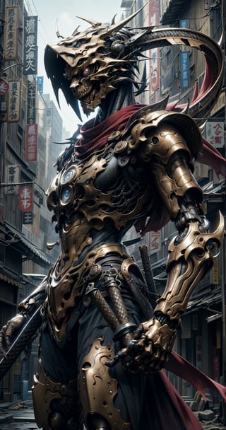Close up,Masterpiece, boutique, official art, extremely detailed CG unified 8k wallpaper, absurd, 8k resolution, exquisite facial features, 1 American man, perfect face, shiny skin, (((((((((((((((((Complex multi-layered mecha samurai armor) )) ) Handsome face, blond hair, (((Holding a beautiful, delicate, perfectly curved Japanese samurai sword))) red
     Scarf, fighting posture, metallic luster, theater lighting, dragon surround, ancient Japanese city background, the last samurai, battlefield, corpses everywhere, movie lighting, tense atmosphere, one move determines victory or defeat
,movie stills,MECHA,cool,MECHA GIRL,CYBERBOG,DonM5cy7h3