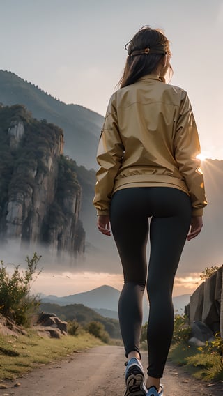 18-year-old girl, illustration of a holiday experience in the mountains, sunrise, , She wore a light goose-yellow down jacket and an adventurous wide-brimmed hat on her head. black yoga pants, (long legs:1.3),  flat stomach,Thigh gap,  She wore a pair of tough and practical walking shoes.real,(from below:1.5) ,  high quality, wavy blond hair, realistic eyes, portrait of a girl with his back to the camera looking at the sunrise. Cinematic, drama, -ar 9:16.,aotac
