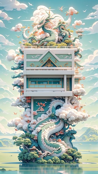 (A dragon:1.5), font art, a dragon spiraling around, light green beard, spring atmosphere, surrounded by trees, mountains, (white clouds) 1.2), (green trees: 1.3), (plants: 1.2), auspicious clouds, clean background, drum towers, pavilions, big trees, green plants, leaves, grass, butterflies, rivers, architecture, Chinese architecture, lakes, peach trees, birds, natural scenery, (high mountains and flowing water), 3D art, fantasy, magical lighting effects, Chinese style, Art poster, best quality, masterpiece, super details, exquisite wallpaper,tianyuan,guofeng,dragon,chinamountain,guohuashanshui,pastel colors