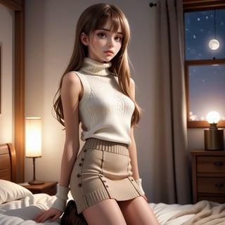 Reflected light, movie lighting, (eroticism: 1.3), 1 person, female, 20 years old, mysterious beautiful girl, delicate features, light brown hair, straight long hair, hanging hairstyle, (parting, bangs: 1.45), dynamic pose, (white turtleneck sleeveless knit sweater, bodycon cargo miniskirt), long boots, full moon night, bedroom, soft focus, excessive overexposure,
Airy Photo, Artstation Trend, (Full Body Portrait, Full Body Esbian),