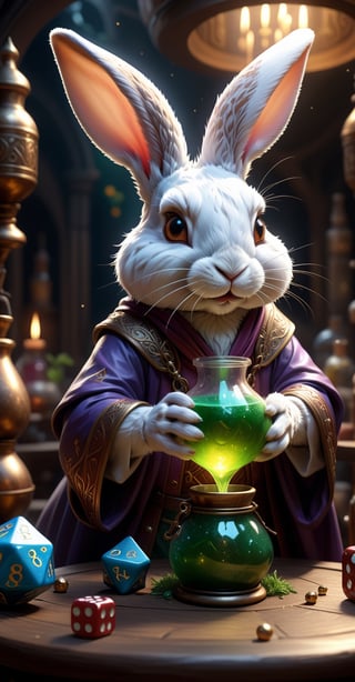 Ethereal fantasy concept art of a Rabbit Mage brewing potions. Dice, magnificent, celestial, ethereal, painterly, epic, majestic, magical, fantasy art, cover art, dreamy, insanely detailed and intricate, hyper maximalist, elegant, hyper realistic, super detailed, vivid colours, ornate, dynamic, articulate, 8K, , (Framed 3D), EPIC, high budget Hollywood movie, volumetric, Painstaking Attention To Detail, UHD