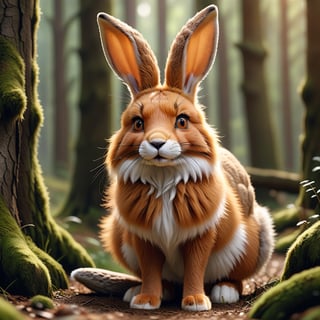 Realistic photo of the red [rabbit : fox with (long rabbit ears:1.8) : 8] in a forest. Soft fur, delicate wool. High quality, UHD, 8k, 4k, detailed, soft light, DSLR quality, stock quality, professional. BBC world