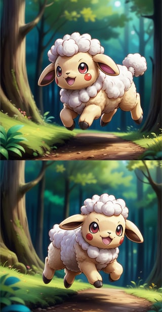 score_9, score_8_up, score_7_up, score_6_up, score_5_up, score_4_up, detailed, a tiny fluffy pokemon_creature, lamb, twisting horns, colorful, fluffy, forest, jumping