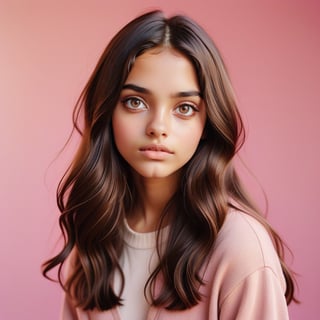 2016 Photo of a 16-year-old, mixed with Indian and White, Urban Outfitters model, with very long dark brown hair, hazel eyes, an alluring gaze, dynamic pose, pink background, mid-length shot, warm color tone, 35mm, shot on Kodak Ektar 100, realistic