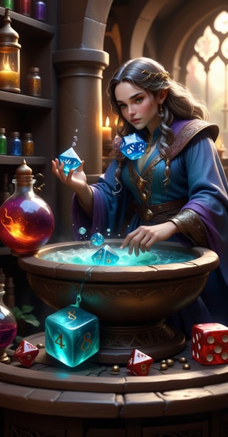 Ethereal fantasy concept art of a Mage brewing potions. Dice, magnificent, celestial, ethereal, painterly, epic, majestic, magical, fantasy art, cover art, dreamy, insanely detailed and intricate, hyper maximalist, elegant, hyper realistic, super detailed, vivid colours, ornate, dynamic, articulate, 8K, , (Framed 3D), EPIC, high budget Hollywood movie, volumetric, Painstaking Attention To Detail, UHD