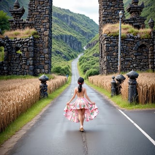 1girl, solo, skirt, black hair, dress, outdoors, from behind, scenery, skirt hold, road