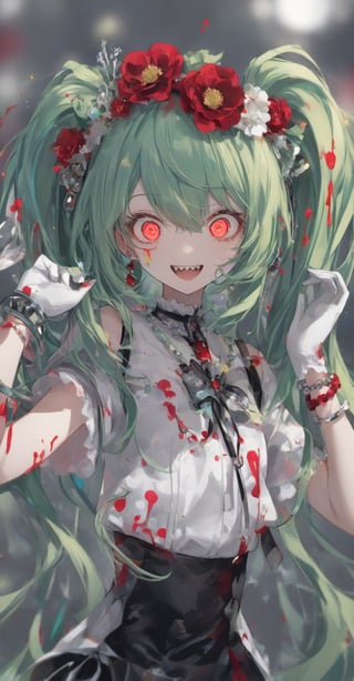 1girl, solo, long hair, looking at viewer, smile, open mouth, bangs, shirt, hair ornament, red eyes, gloves, hair between eyes, twintails, jewelry, very long hair, upper body, short sleeves, :d, earrings, green hair, teeth, white gloves, hair flower, hair bun, blurry, bracelet, hands up, double bun, glowing, cross, sharp teeth, glowing eyes, crazy eyes, crazy smile, hatsune miku,dripping paint