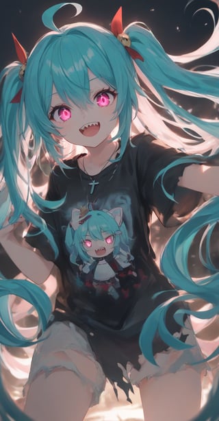 1girl, solo, long hair, looking at viewer, smile, open mouth, bangs, shirt, hair ornament, hair between eyes, twintails, jewelry, very long hair, ahoge, teeth, solo focus, pink eyes, necklace, torn clothes, black shirt, aqua hair, glowing, cross, sharp teeth, glowing eyes, backlighting, hatsune miku,Bowsette