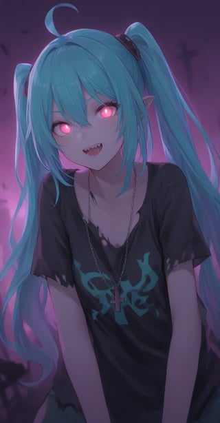 1girl, solo, long hair, looking at viewer, smile, open mouth, bangs, shirt, hair ornament, hair between eyes, twintails, jewelry, very long hair, ahoge, teeth, solo focus, pink eyes, necklace, torn clothes, black shirt, aqua hair, glowing, cross, sharp teeth, glowing eyes, backlighting, hatsune miku