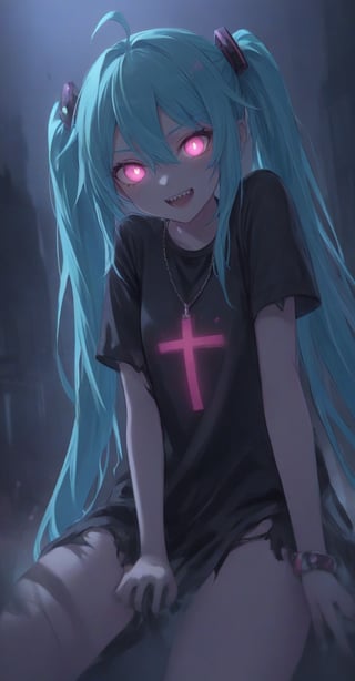 1girl, solo, long hair, looking at viewer, smile, open mouth, bangs, shirt, hair ornament, hair between eyes, twintails, jewelry, very long hair, ahoge, teeth, solo focus, pink eyes, necklace, torn clothes, black shirt, aqua hair, glowing, cross, sharp teeth, glowing eyes, backlighting, hatsune miku