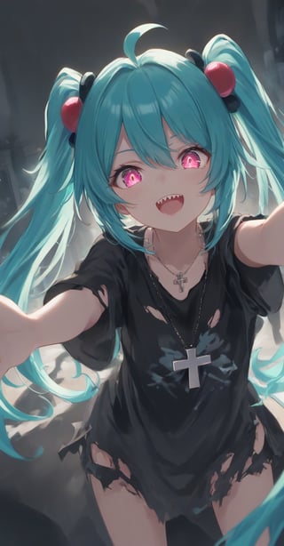 1girl, solo, long hair, looking at viewer, smile, open mouth, bangs, shirt, hair ornament, hair between eyes, twintails, jewelry, very long hair, ahoge, teeth, solo focus, pink eyes, necklace, torn clothes, black shirt, aqua hair, glowing, cross, sharp teeth, glowing eyes, backlighting, hatsune miku,Bowsette