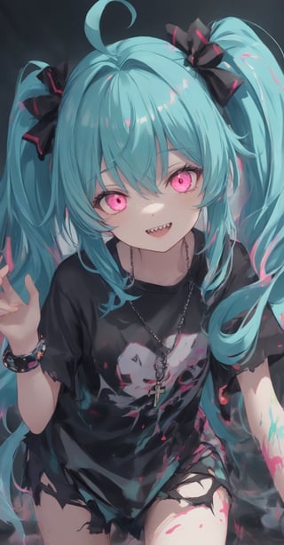1girl, solo, long hair, looking at viewer, smile, open mouth, bangs, shirt, hair ornament, hair between eyes, twintails, jewelry, very long hair, ahoge, teeth, solo focus, pink eyes, necklace, torn clothes, black shirt, aqua hair, glowing, cross, sharp teeth, glowing eyes, backlighting, hatsune miku,Bowsette,dripping paint