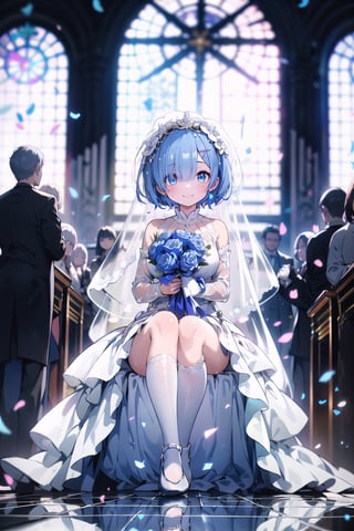 (blue short hair beauty, Ray, expensive, detail, transparent wet white wedding dress, wet body, Francesca Miranda white wedding dress with legs exposed, long white gloves), walking to the altar, holding the bouquet, location of the church, wedding, time of celebration, falling flowers, person sitting in the back, priest, in front of their spouse, close-up, perfect eyes, perfect body, Perfect long legs, full breasts, perfect body, smile, shy, rem